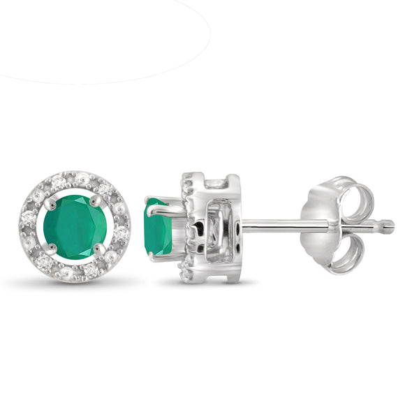 JewelonFire 0.50 Carat T.G.W. Genuine Emerald And 1/20 Ctw White Diamond Sterling Silver Halo Stud Earrings - Assorted Colors