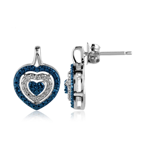 JewelonFire 1/10 Carat T.W. Blue And White Diamond Sterling Silver 3 Piece Heart Jewelry Set