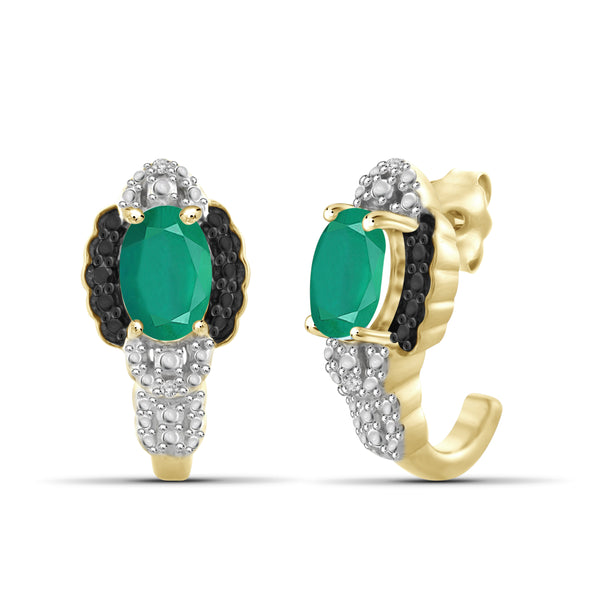JewelonFire 0.75 Carat T.G.W. Genuine Emerald And Accent Black & White Diamond Sterling Silver J-Hoop Earrings - Assorted Colors