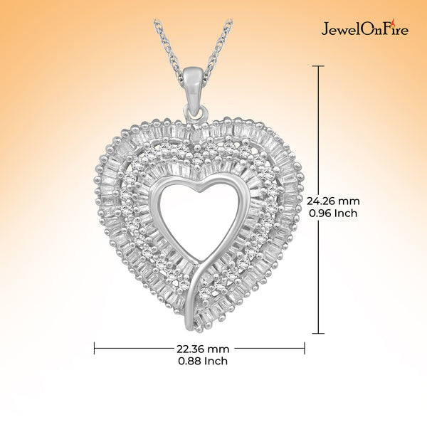 JewelonFire 1 Carat T.W. Round and Baguette-Cut White Diamond Sterling Silver Heart Pendant - Assorted Colors