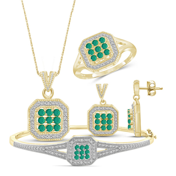 JewelonFire 2.70 Carat T.G.W. Emerald And 1/7 Carat T.W. White Diamond Sterling Silver 4 Piece Jewelry Set - Assorted Colors