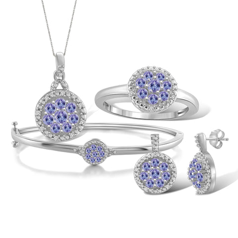 JewelonFire 1.75 Carat T.G.W. Tanzanite And 1/10 Carat T.W. White Diamond Sterling Silver 4 Piece Jewelry Set - Assorted Colors