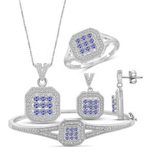JewelonFire 1.80 Carat T.G.W. Tanzanite And 1/7 Carat T.W. White Diamond Sterling Silver 4 Piece Jewelry Set - Assorted Colors