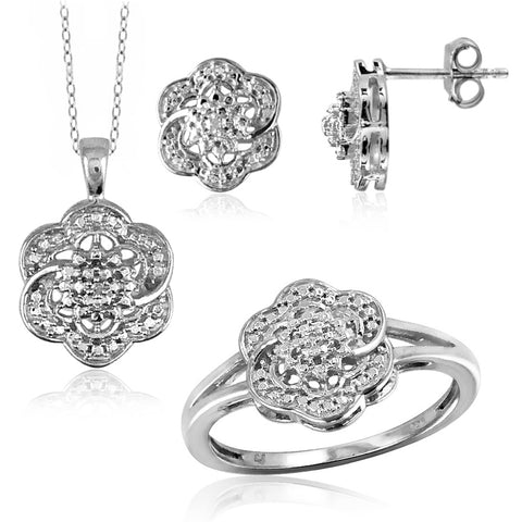 JewelonFire Genuine Accent White Diamond Sterling Silver 3 Piece Flower Jewelry Set - Assorted Colors
