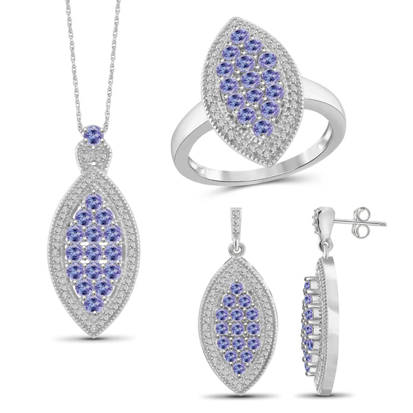 JewelonFire 2.90 Carat T.G.W. Tanzanite And 1/10 Carat T.W. White Diamond Sterling Silver 3 Piece Jewelry Set - Assorted Colors