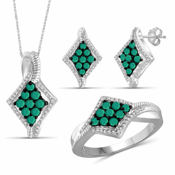 JewelonFire 2.10 Carat T.G.W. Emerald And 1/20 Carat T.W. White Diamond Sterling Silver 3 Piece Jewelry Set - Assorted Colors