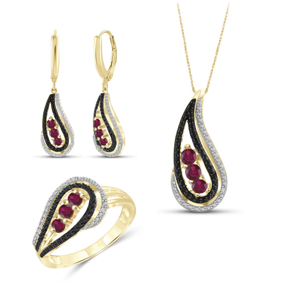 JewelonFire 1.80 Carat T.G.W. Ruby And 1/20 Carat T.W. Black & White Diamond Sterling Silver 3 Piece Jewelry Set - Assorted Colors