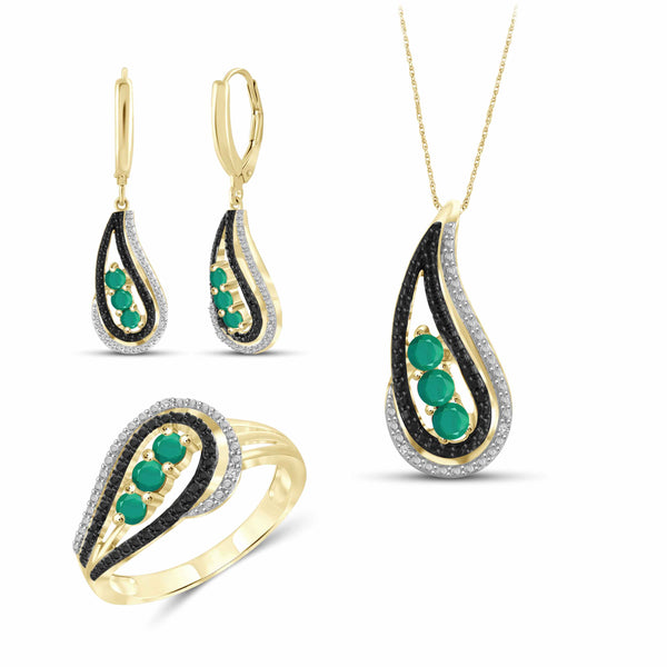 JewelonFire 1.00 Carat T.G.W. Emerald And 1/20 Carat T.W. Black & White Diamond Sterling Silver 3 Piece Jewelry Set - Assorted Colors