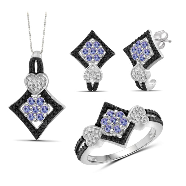 JewelonFire 1.10 Carat T.G.W. Tanzanite And 1/20 Carat T.W. Black & White Diamond Sterling Silver 3 Piece Jewelry Set - Assorted Colors