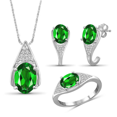 JewelonFire 4.80 Carat T.G.W. Chrome Diopside And 1/20 Carat T.W. White Diamond Sterling Silver 3 Piece Jewelry Set - Assorted Colors