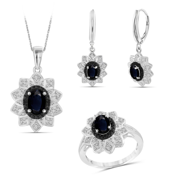 JewelonFire 3.40 Carat T.G.W. Sapphire And 1/10 Carat T.W. Black & White Diamond Sterling Silver 3 Piece Jewelry Set - Assorted Colors