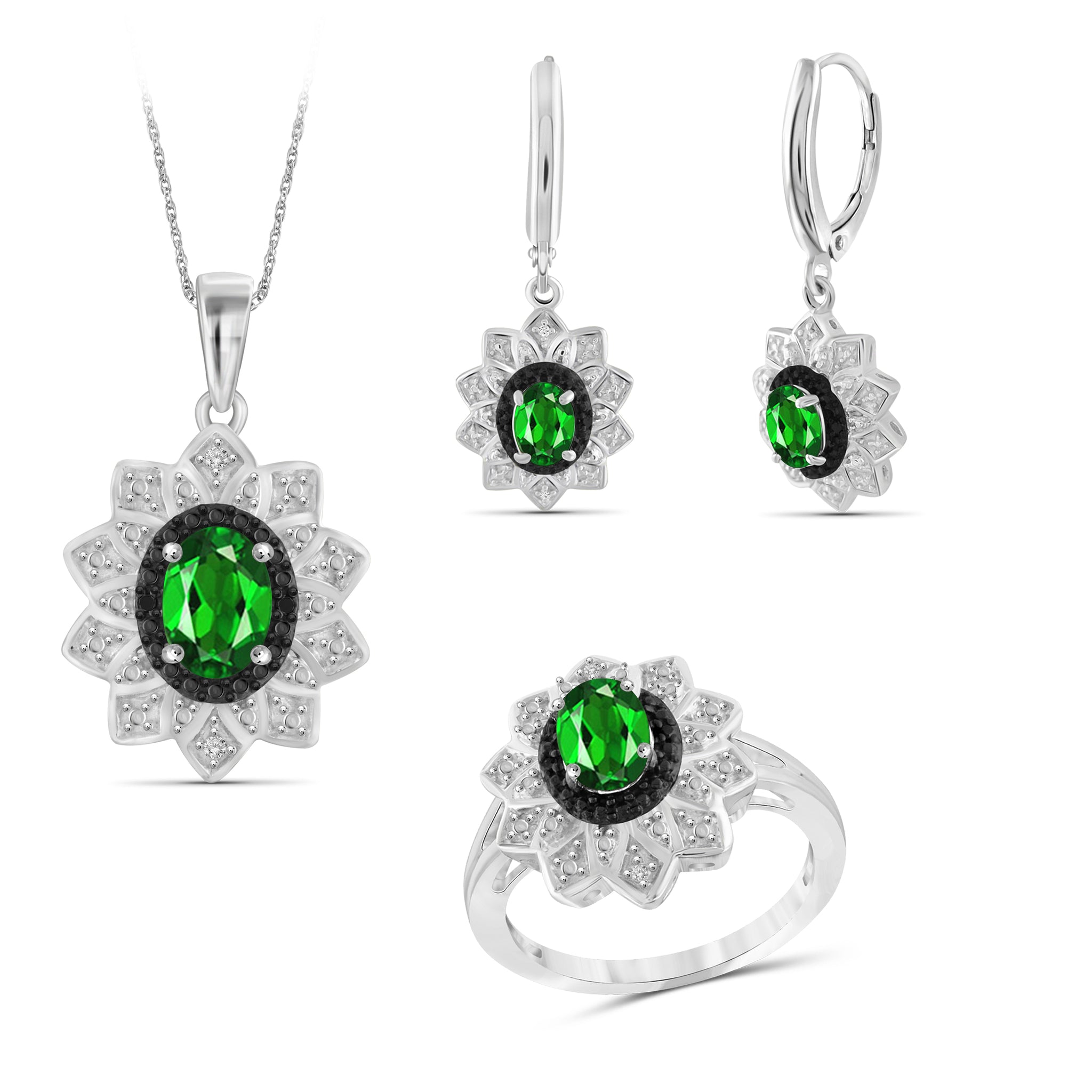 JewelonFire 2.70 Carat T.G.W. Chrome Diopside And 1/10 Carat T.W. Black & White Diamond Sterling Silver 3 Piece Jewelry Set - Assorted Colors