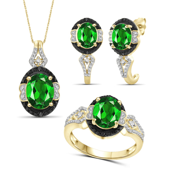 JewelonFire 4.70 Carat T.G.W. Chrome Diopside And 1/10 Carat T.W. Black & White Diamond Sterling Silver 3 Piece Jewelry Set - Assorted Colors