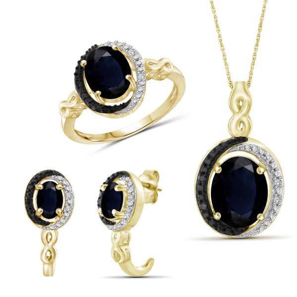 JewelonFire 5.20 Carat T.G.W. Sapphire And 1/20 Carat T.W. Black & White Diamond Sterling Silver 3 Piece Jewelry Set - Assorted Colors
