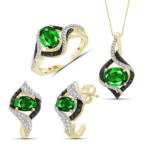 JewelonFire 3.50 Carat T.G.W. Chrome Diopside And 1/10 Carat T.W. Black & White Diamond Sterling Silver 3 Piece Jewelry Set - Assorted Colors