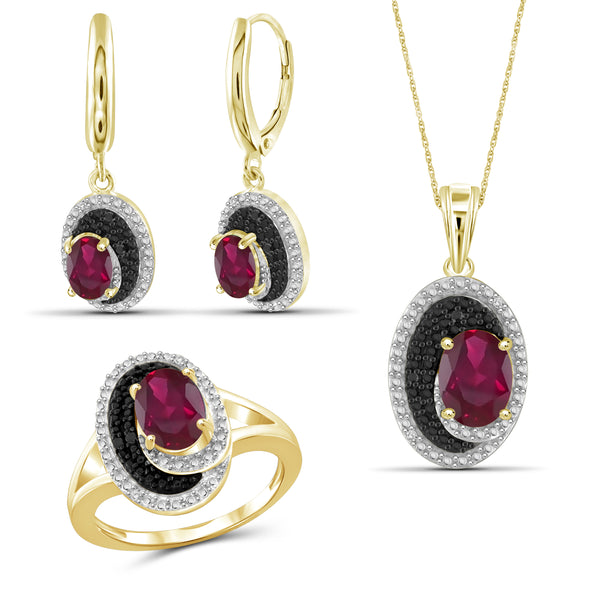 JewelonFire 4.80 Carat T.G.W. Ruby And 1/20 Carat T.W. Black & White Diamond Sterling Silver 3 Piece Jewelry Set - Assorted Colors
