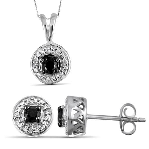 JewelonFire 1/2 Carat T.W. Black And White Diamond Sterling Silver 2 Piece Jewelry Set