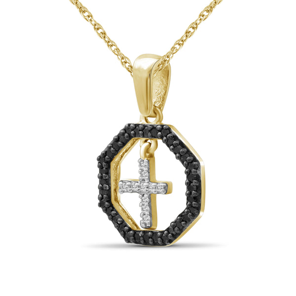 JewelonFire 1/7 Carat T.W. Black And White Diamond Sterling Silver Cross Octagon Pendant - Assorted Colors