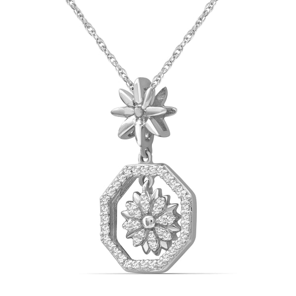 JewelonFire 1/7 Carat T.W. White Diamond Sterling Silver Flower Octagon Pendant - Assorted Colors
