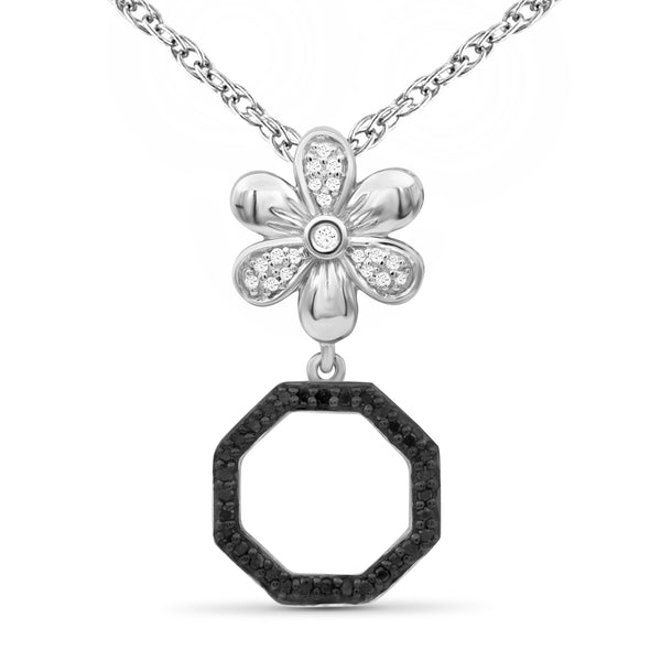 JewelonFire 1/7 Carat T.W. Black And White Diamond Sterling Silver Flower Octagon Pendant - Assorted Colors