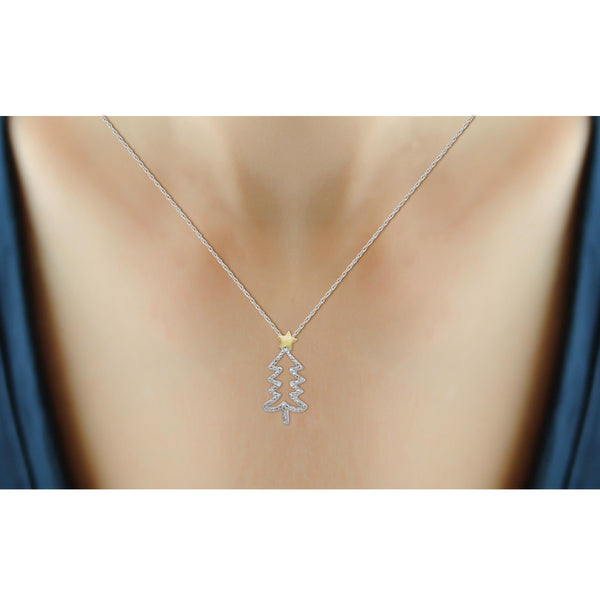JewelonFire Accent Genuine White Diamonds Christmas Tree Pendant in Two-Tone Sterling Silver