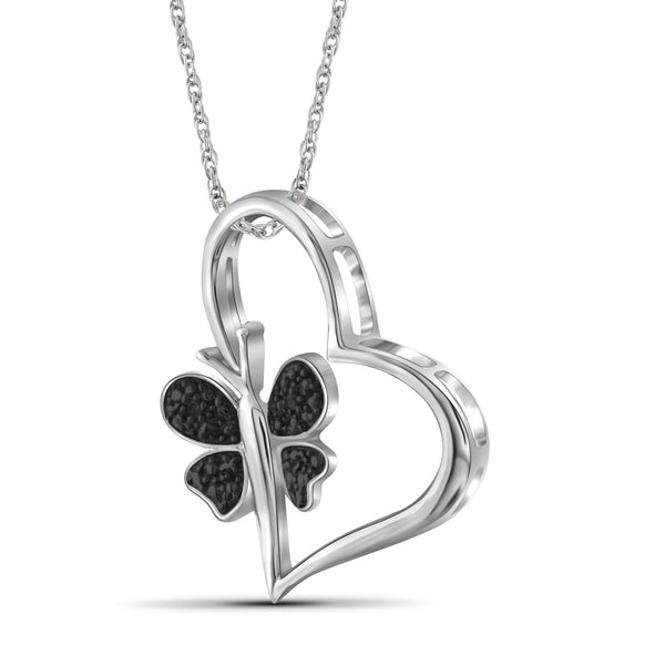JewelonFire Black Diamond Accent Sterling Silver Heart and Butterfly Pendant - Assorted Colors