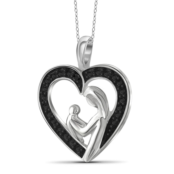 JewelonFire Black Diamond Accent Sterling Silver Mother and Child Heart Pendant - Assorted Colors