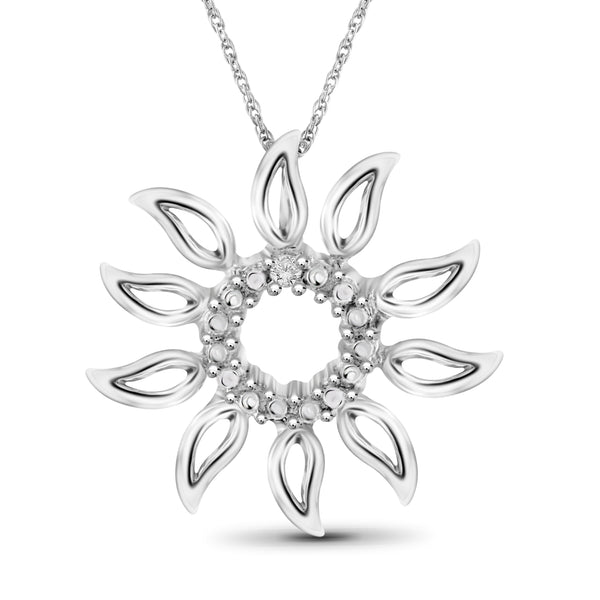 JewelonFire Accent White Diamond Sun Flower Pendant in Sterling Silver