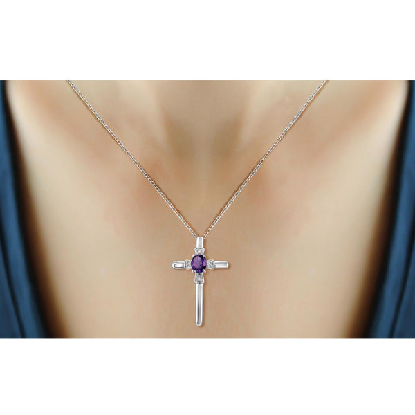 JewelonFire 1/4 Carat T.G.W. Amethyst and White Diamond Accent Sterling Silver Cross Pendant - Assorted Colors