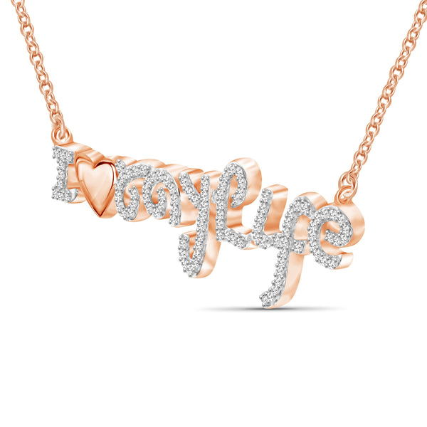 JewelonFire 1/4 Ctw White Diamond Rose Gold over Silver "I Love My Life" Pendant