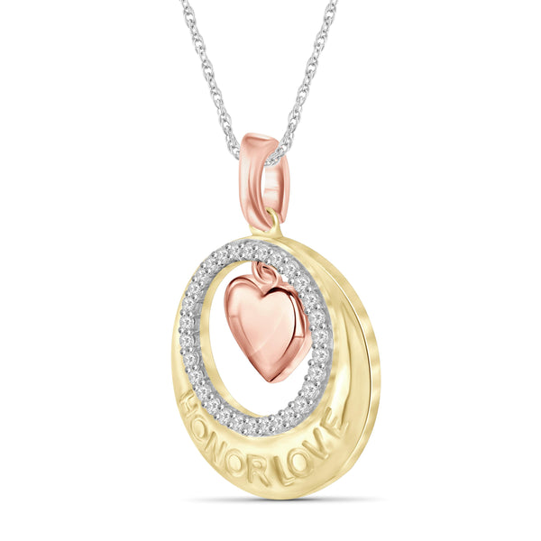 JewelonFire 1/7 Carat T.W. White Diamond Three Tone Silver Heart In Circle Pendant