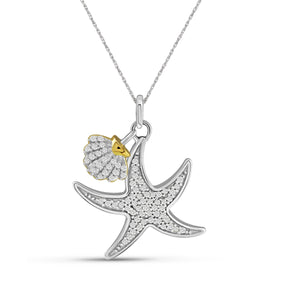 JewelonFire 1/5 Carat T.W. White Diamond Two Tone Silver Seashell Starfish Pendant