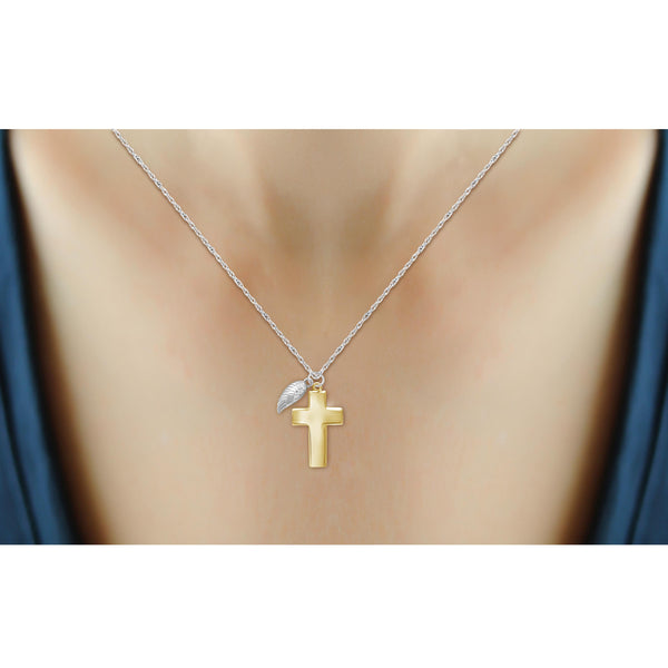 JewelonFire Accent White Diamond Cross with Feather Pendant in Two-Tone Sterling Silver