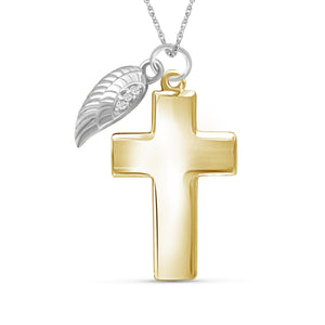JewelonFire Accent White Diamond Cross with Feather Pendant in Two-Tone Sterling Silver