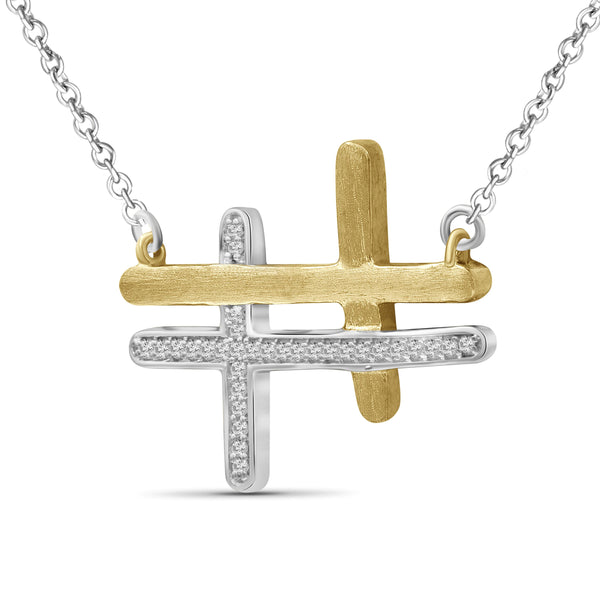 JewelonFire 1/10 Ctw White Diamond Two-Tone Sterling Silver Cross Pendant
