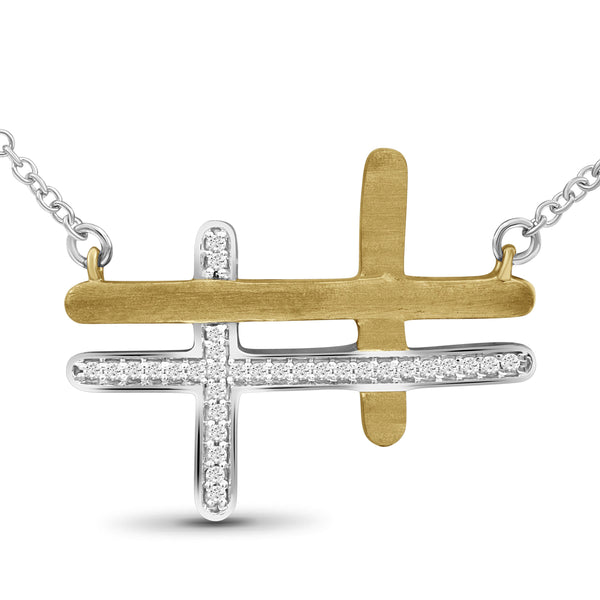 JewelonFire 1/10 Ctw White Diamond Two-Tone Sterling Silver Cross Pendant