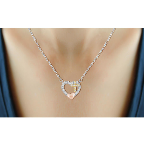 JewelonFire 1/7 Carat T.W. White Diamond Three Tone Silver Cross In Heart Pendant