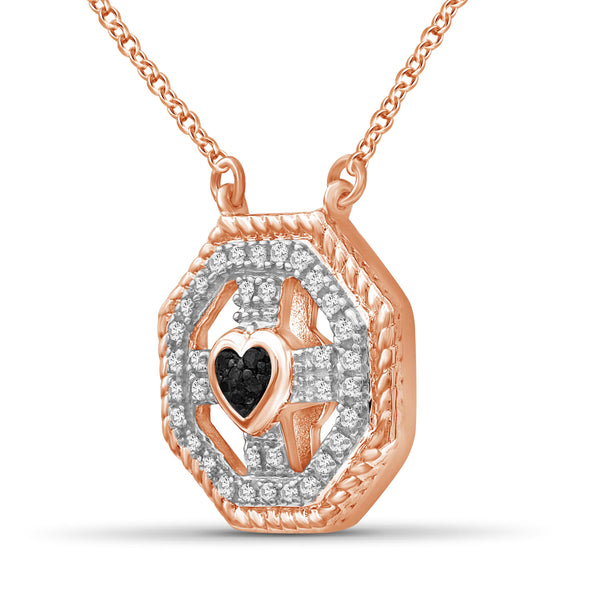 JewelonFire 1/10 Carat T.W. Black And White Diamond Rose Gold Over Silver Heart Octagon Pendant
