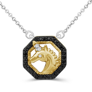 JewelonFire 1/10 Carat T.W. Black And White Diamond Two Tone Silver Unicorn Octagon Pendant