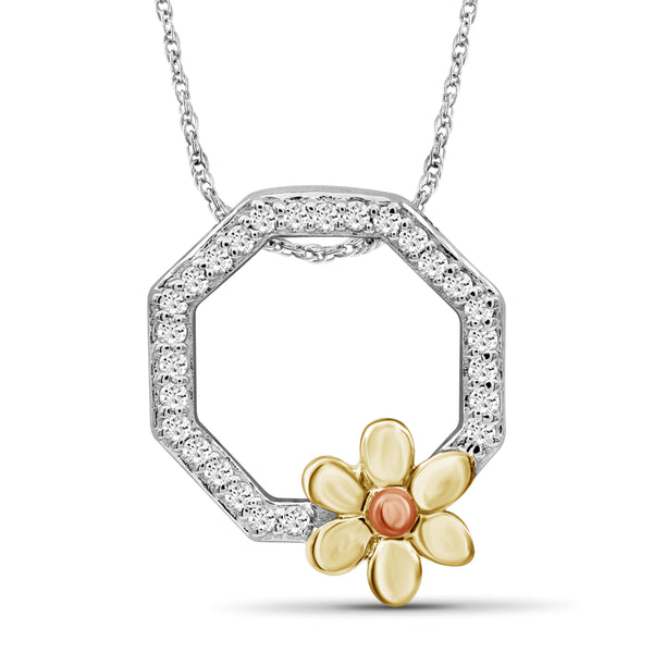 JewelonFire 1/10 Carat T.W. White Diamond Three Tone Sterling Silver Flower Octagon Pendant