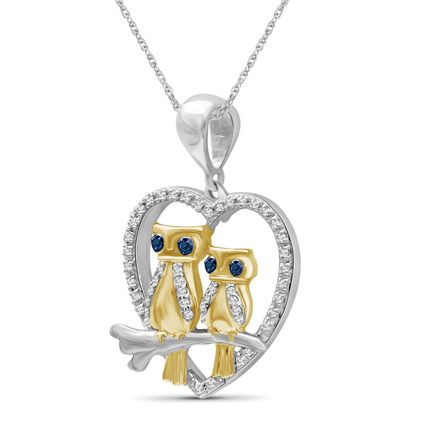 JewelonFire 1/7 Ctw Blue & White Diamond Two-Tone Sterling Silver Owl Heart Pendant