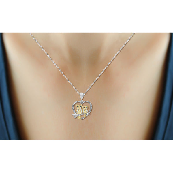 JewelonFire 1/7 Ctw Blue & White Diamond Two-Tone Sterling Silver Owl Heart Pendant