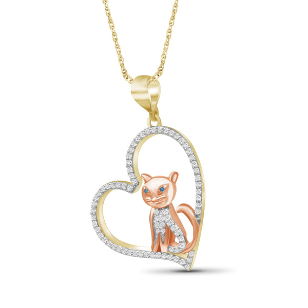JewelonFire 1/4 Ctw Blue & White Diamond Two-Tone Sterling Silver Cat Heart Pendant