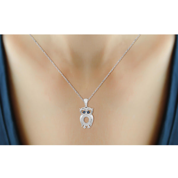 JewelonFire 1/10 Ctw Blue & White Diamond Sterling Silver Owl Pendant