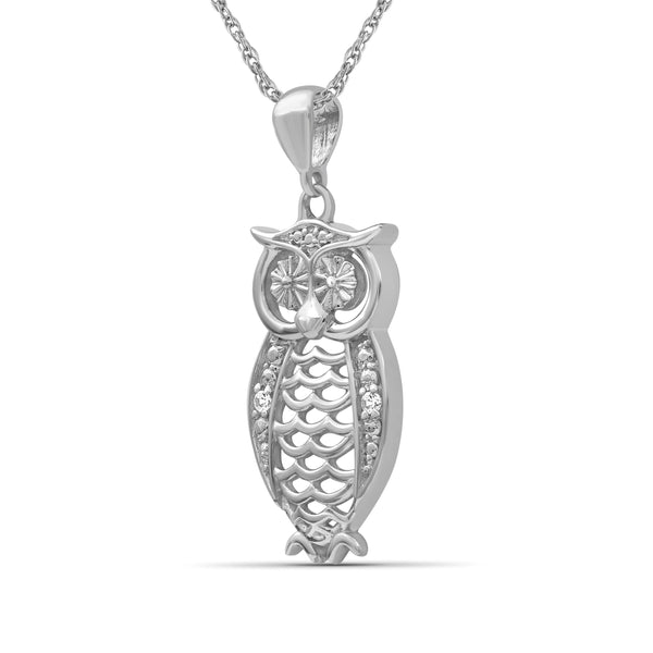 JewelonFire Accent White Diamond Sterling Silver Owl Pendant