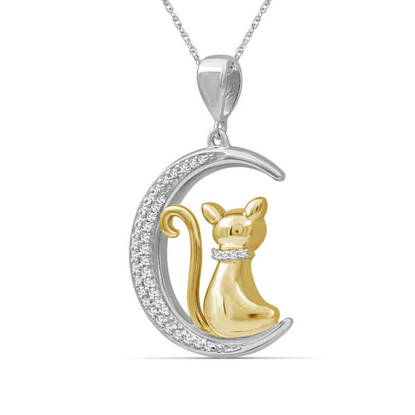 JewelonFire 1/7 Ctw White Diamond Two-Tone Sterling Silver Cat Moon Pendant