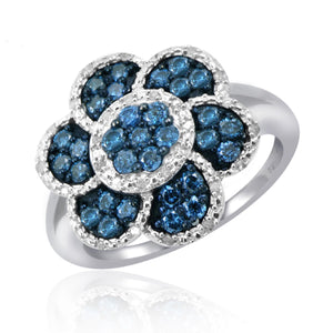 JewelonFire 1 Carat T.W. Blue And White Diamond Sterling Silver Flower Ring