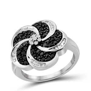 JewelonFire 1 Carat T.W. Black And White Diamond Sterling Silver Flower Ring