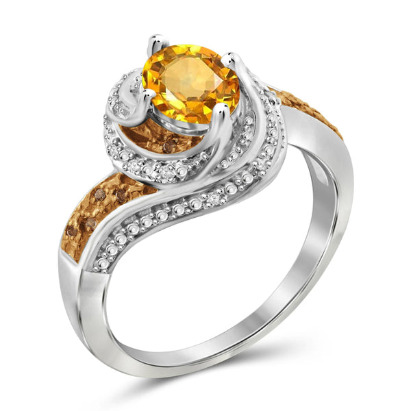 JewelonFire 1.00 Carat T.G.W. Citrine And 1/10 Carat T.W. Champagne & White Diamond Sterling Silver Ring