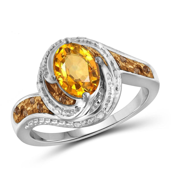 JewelonFire 1.00 Carat T.G.W. Citrine And 1/10 Carat T.W. Champagne & White Diamond Sterling Silver Ring